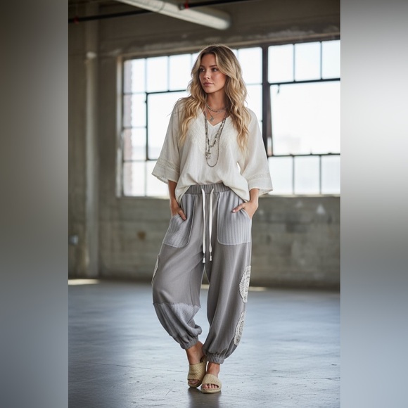NWT POL Boho Crochet Doily Patchwork Jogger Sweats Sweat Pants Joggers Grey - Picture 12 of 13